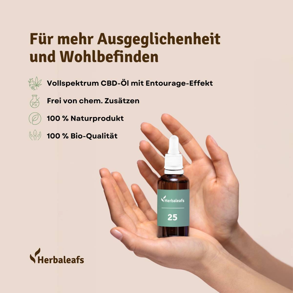 Zwei Hände halten eine Flasche Vollspektrum CBD-Öl 25 % mit Entourage-Effekt in der Hand. Frei von chem. Zusätzen. 100 % Naturprodukt. 100 % Bio-Qualität.