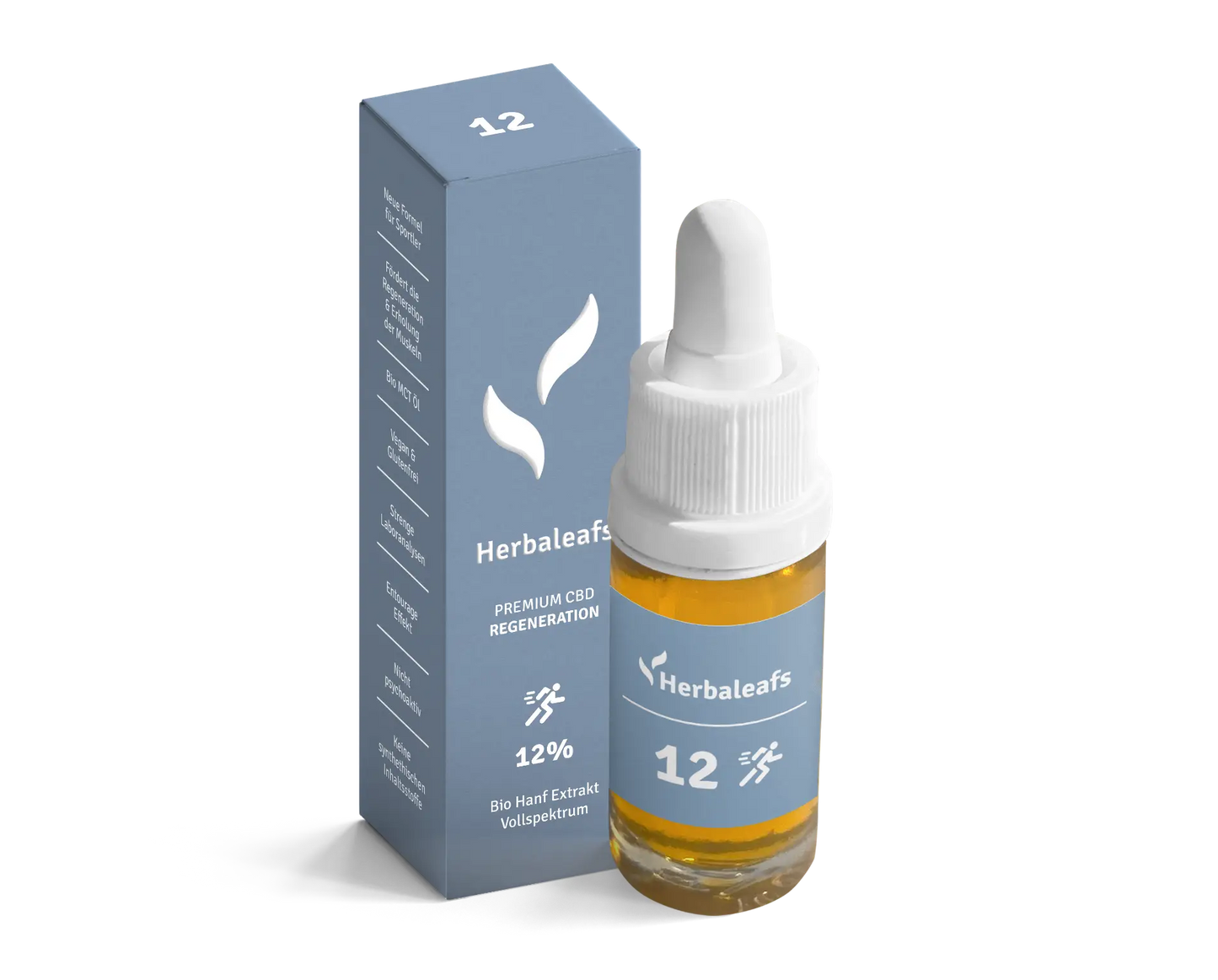 Eine Flasche 12 prozentiges CBD Öl für Sportler, daneben die Verpackung.