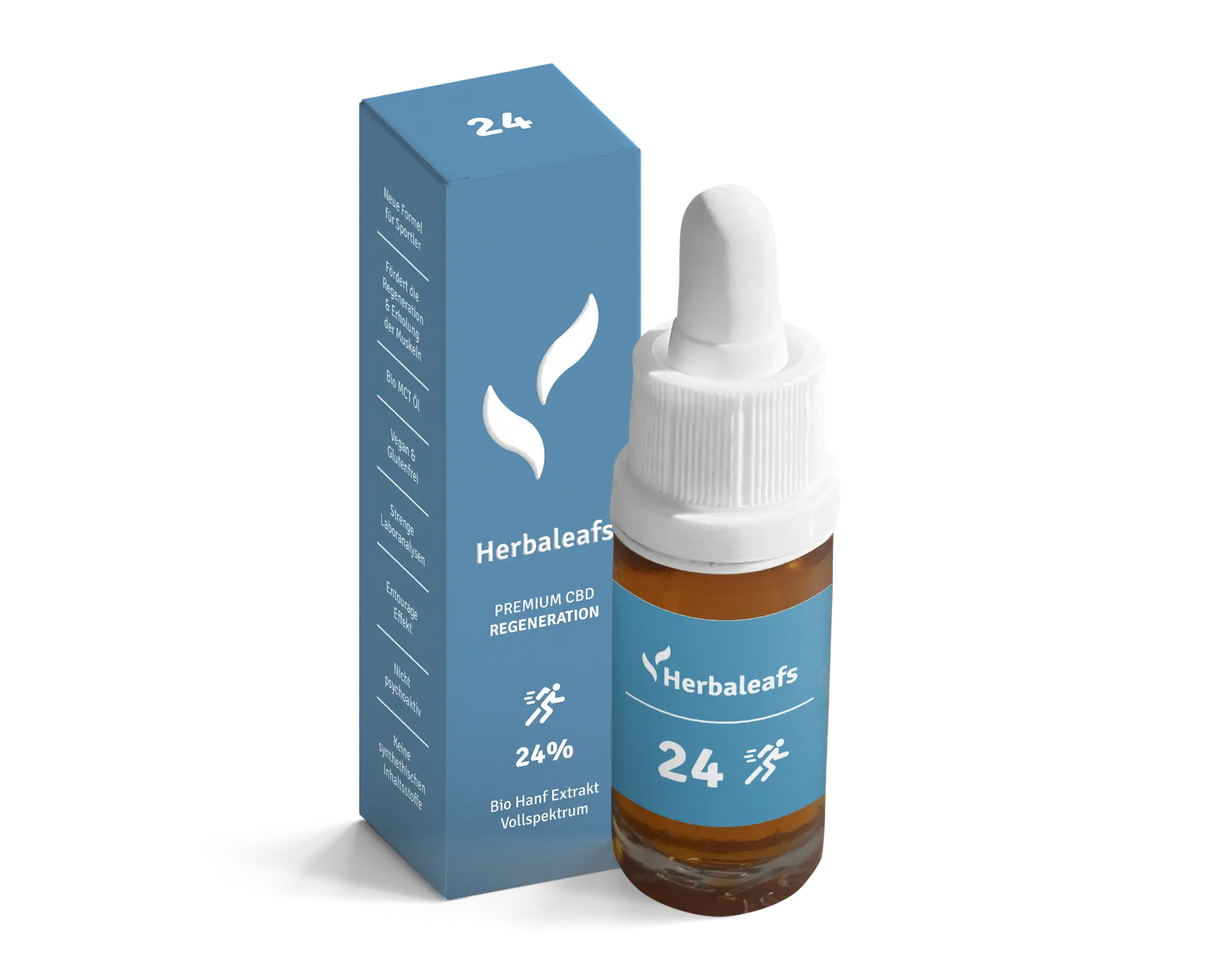 Eine Flasche 24 prozentiges CBD Öl für Sportler, daneben die Verpackung.