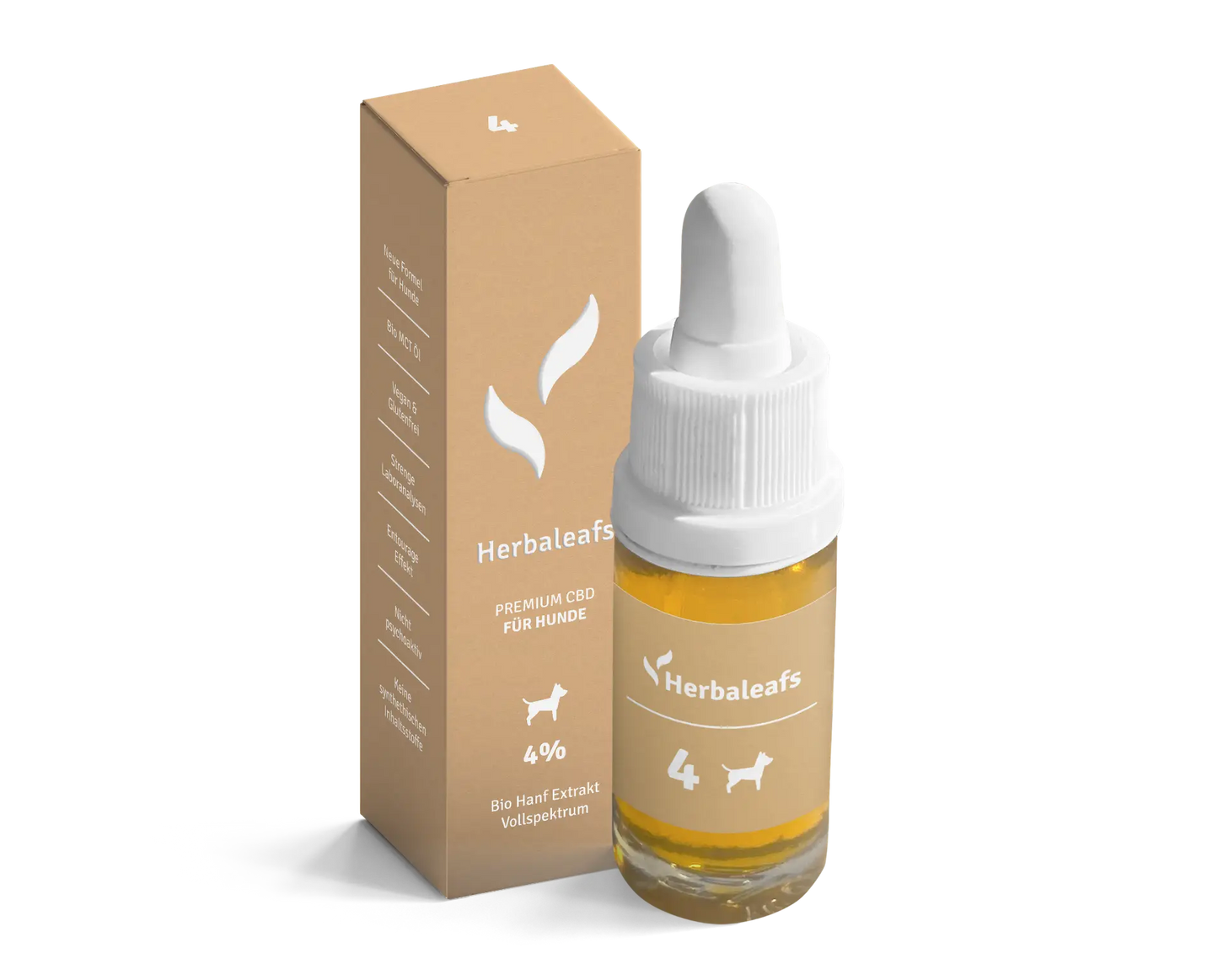 Eine Flasche CBD Öl für Hunde, daneben die Verpackung.
