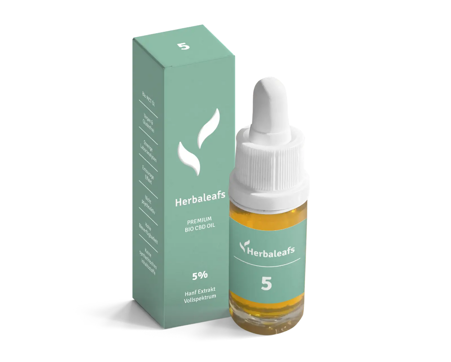 Eine Flasche CBD Öl 5 Prozent Vollspektrum, daneben die Verpackung.