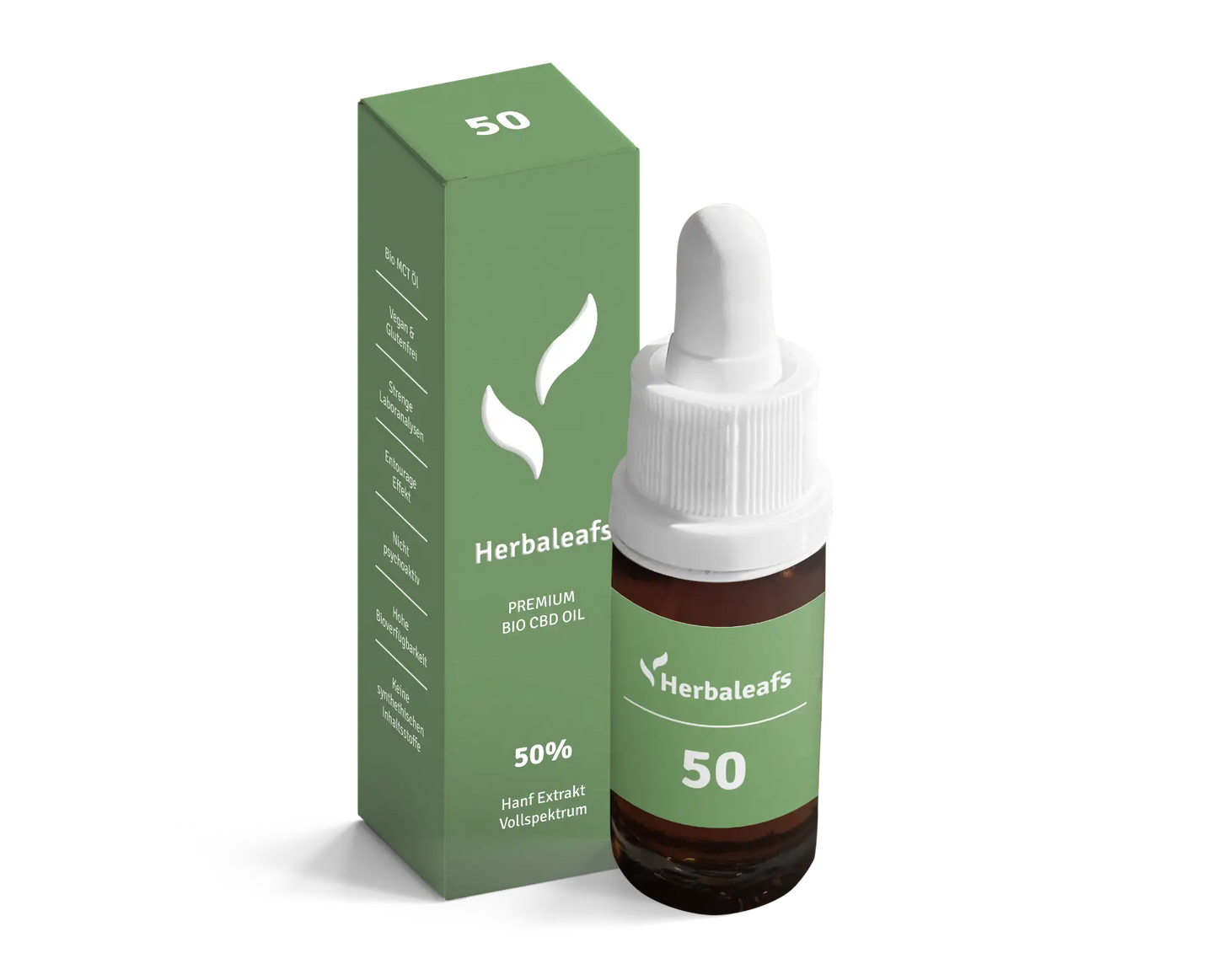 Eine Flasche CBD Öl 50 Prozent Vollspektrum, daneben die Verpackung.