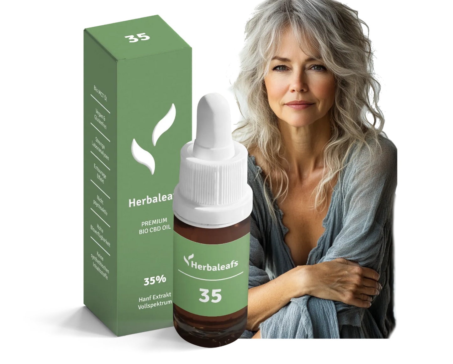 Eine Flasche CBD Öl 35 Prozent Vollspektrum, daneben die Verpackung sowie das Gesicht einer älteren Dame.