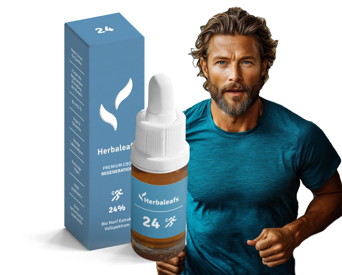 Bildmontage für Herbaleafs Bio CBD Öl für Sportler. Zu sehen ist eine junger Mann beim Joggen neben einer Flasche 24 Prozentiges CBD-Öl für Sportler.