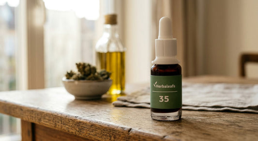 CBD-Öl-Flasche auf einem Holztisch.
