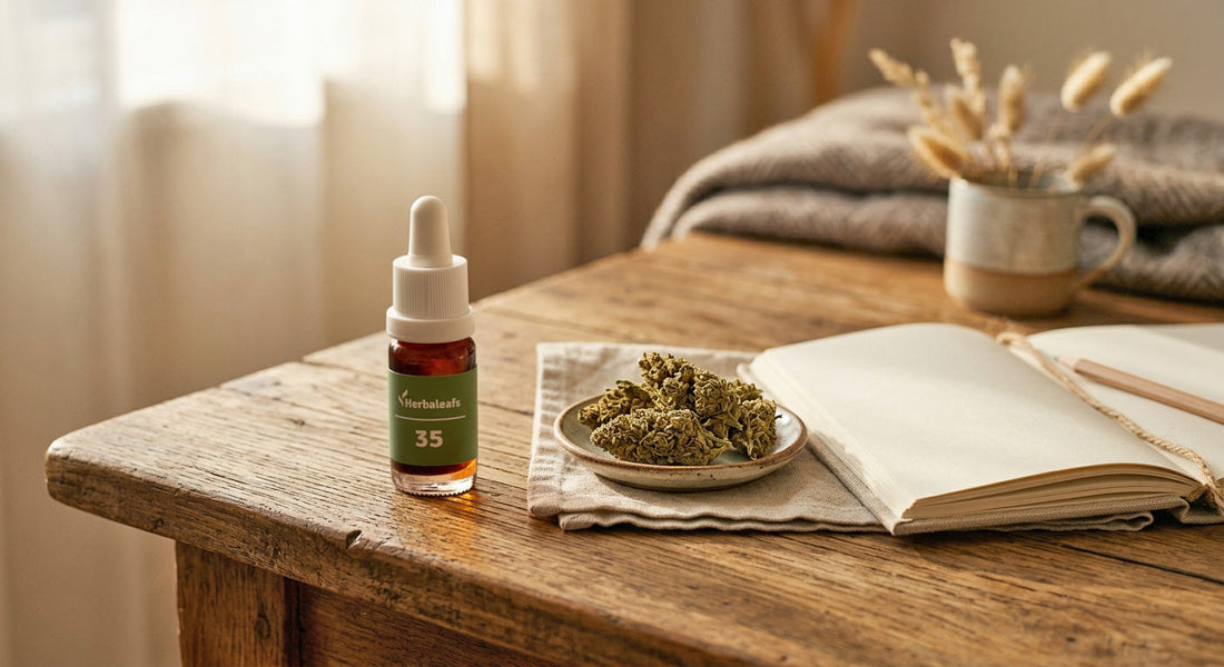 CBD-Fläschchen auf einem Tisch, daneben ein paar Hanfblüten.