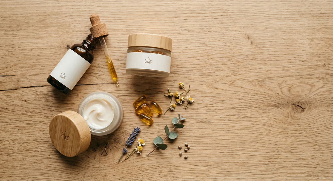 CBD Produkte Überblick: Öl, Kapseln und Kosmetik auf Holzuntergrund