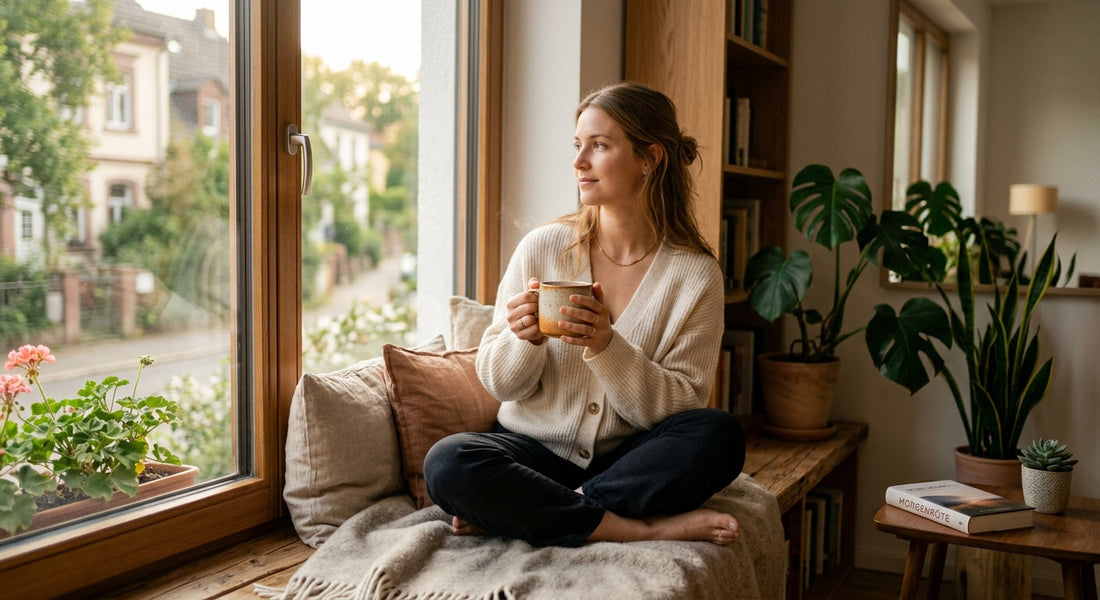 Frau genießt Entspannung im Alltag mit einer Tasse Tee am Morgen