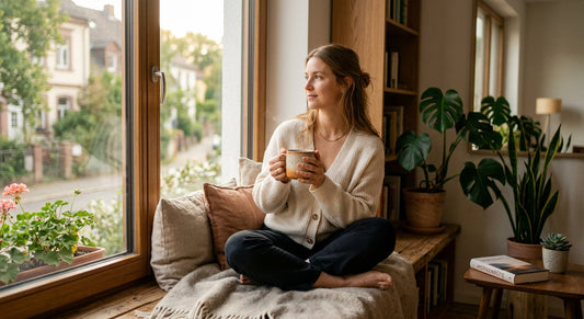 Frau genießt Entspannung im Alltag mit einer Tasse Tee am Morgen