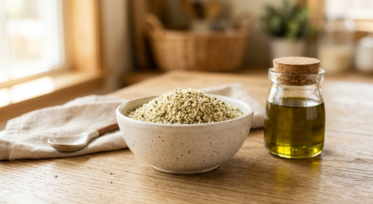 Hanfsamen als Superfood – Hanfherzen und Hanfsamenöl auf Holztisch