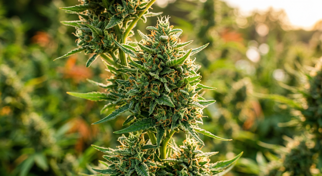 Hanfpflanze Aufbau – blühende Cannabis sativa Pflanze im Freiland