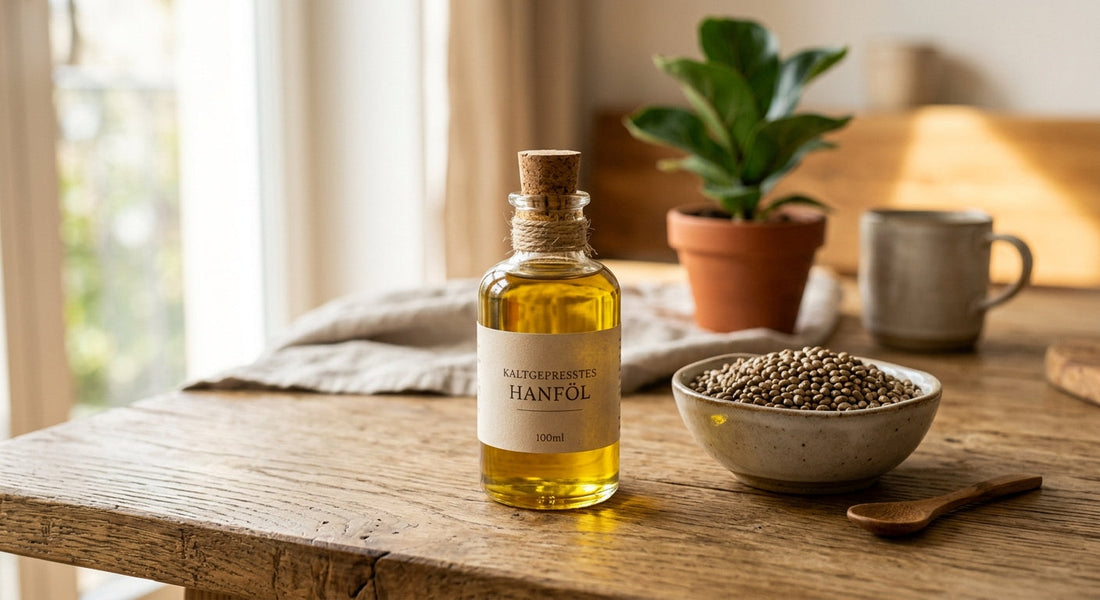 Omega-Fettsäuren Hanföl in einer kleinen Glasflasche mit Hanfsamen auf Holztisch