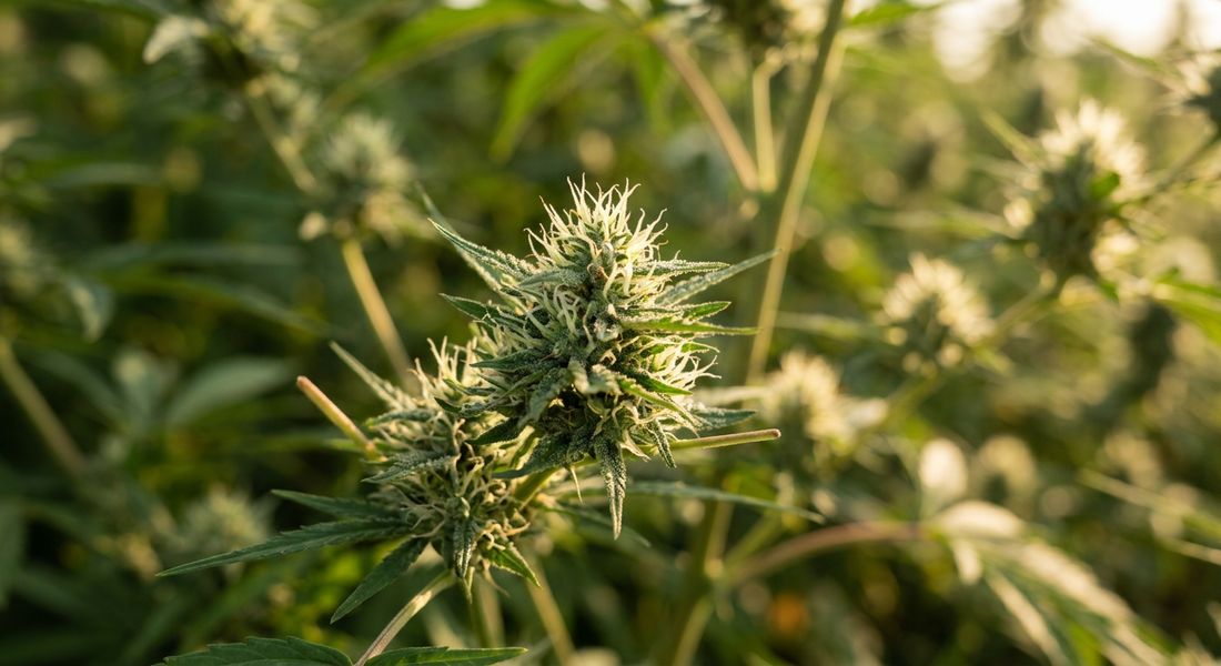Was ist CBD – blühende Hanfpflanze Cannabis sativa in Nahaufnahme