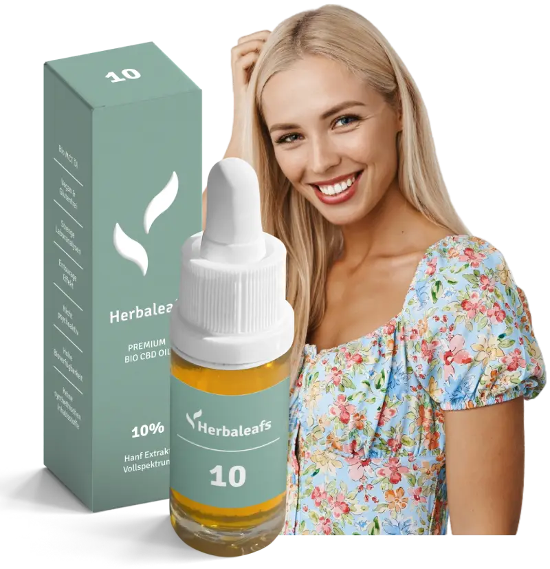 Frau mit einer Flasche Bio-CBD-Öl 10% Vollspektrum.