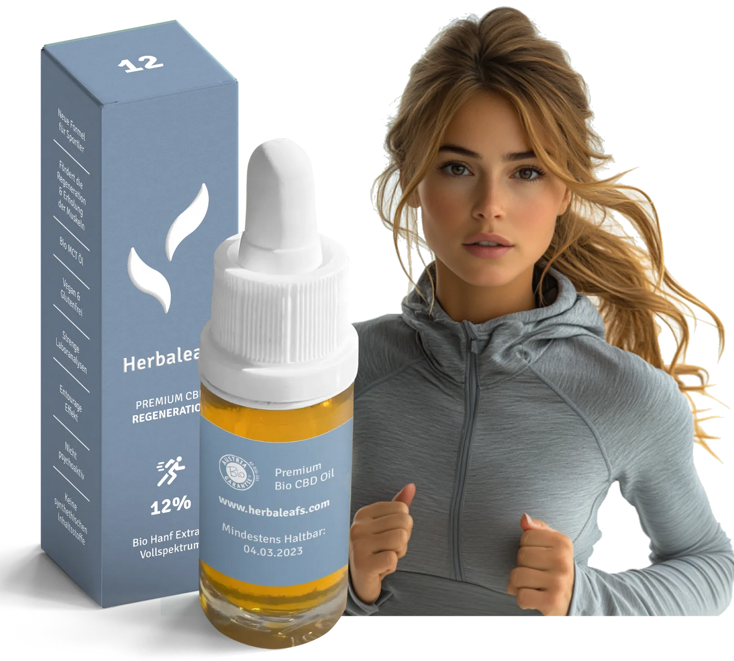 Bildmontage für Herbaleafs Bio CBD Öl für Sportler. Zu sehen ist eine junge Frau neben einer Flasche CBD-Öl für Sportler 4 Prozent.
