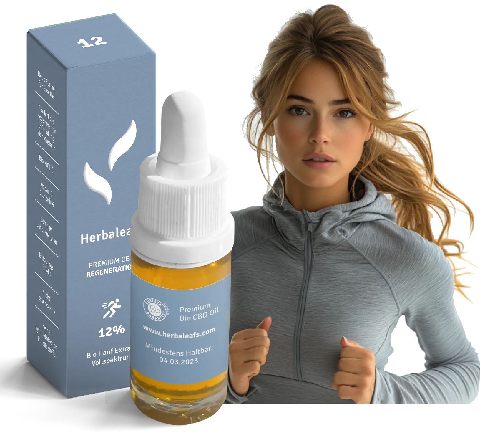 Bildmontage für Herbaleafs Bio CBD Öl für Sportler. Zu sehen ist eine junge Frau neben einer Flasche CBD-Öl für Sportler 4 Prozent.