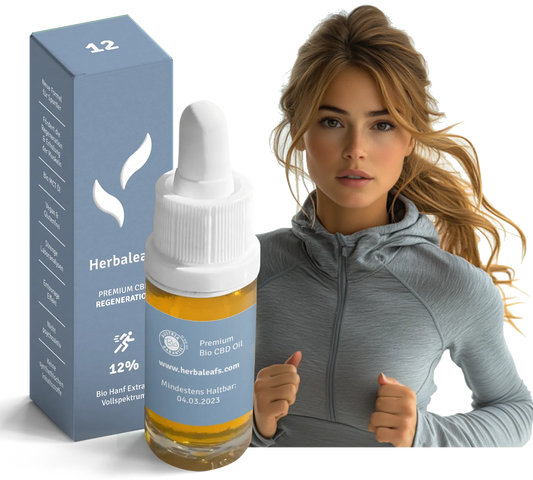 Bildmontage für Herbaleafs Bio CBD Öl für Sportler. Zu sehen ist eine junge Frau neben einer Flasche CBD-Öl für Sportler 4 Prozent.