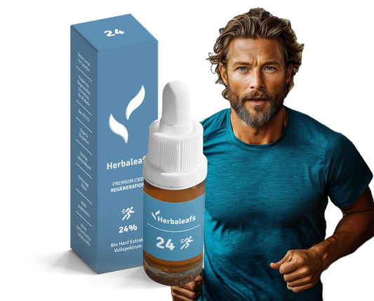 Bildmontage für Herbaleafs Bio CBD Öl für Sportler. Zu sehen ist eine junger Mann beim Joggen neben einer Flasche 24 Prozentiges CBD-Öl für Sportler.